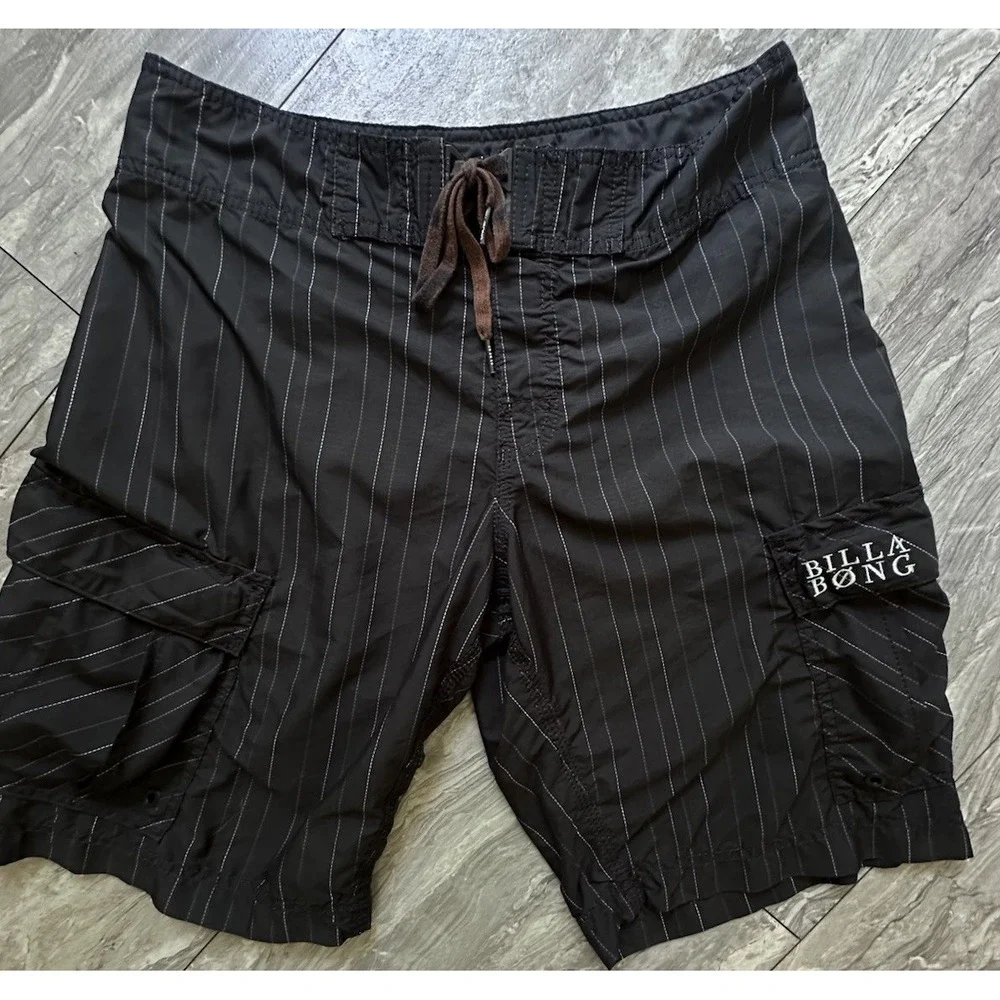 VTG  Billabong Board Shorts Mens 32 Pinstripe Surf Swim Trunks Y2K Embroidered
